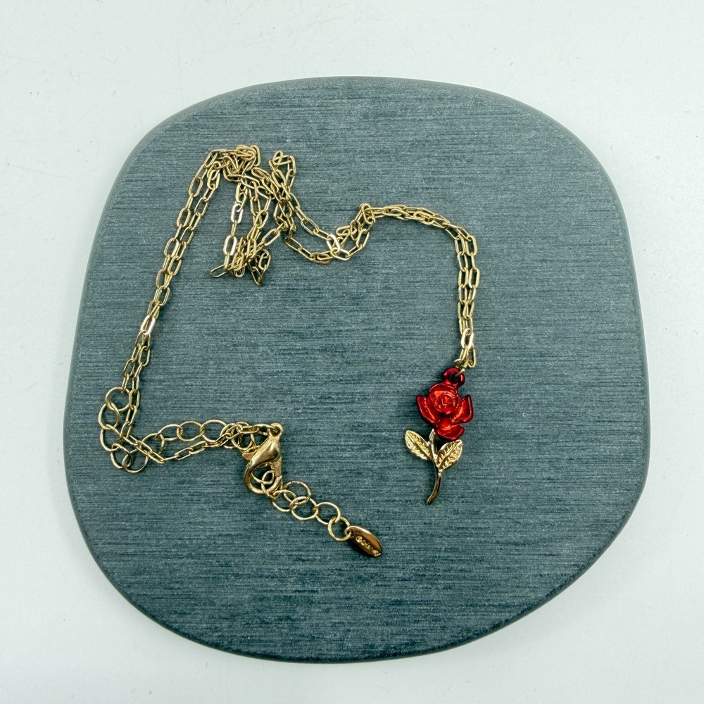 Y2K Gold Tone Red Rose Pendant Necklace Delicate Chain Romantic Coquette Style